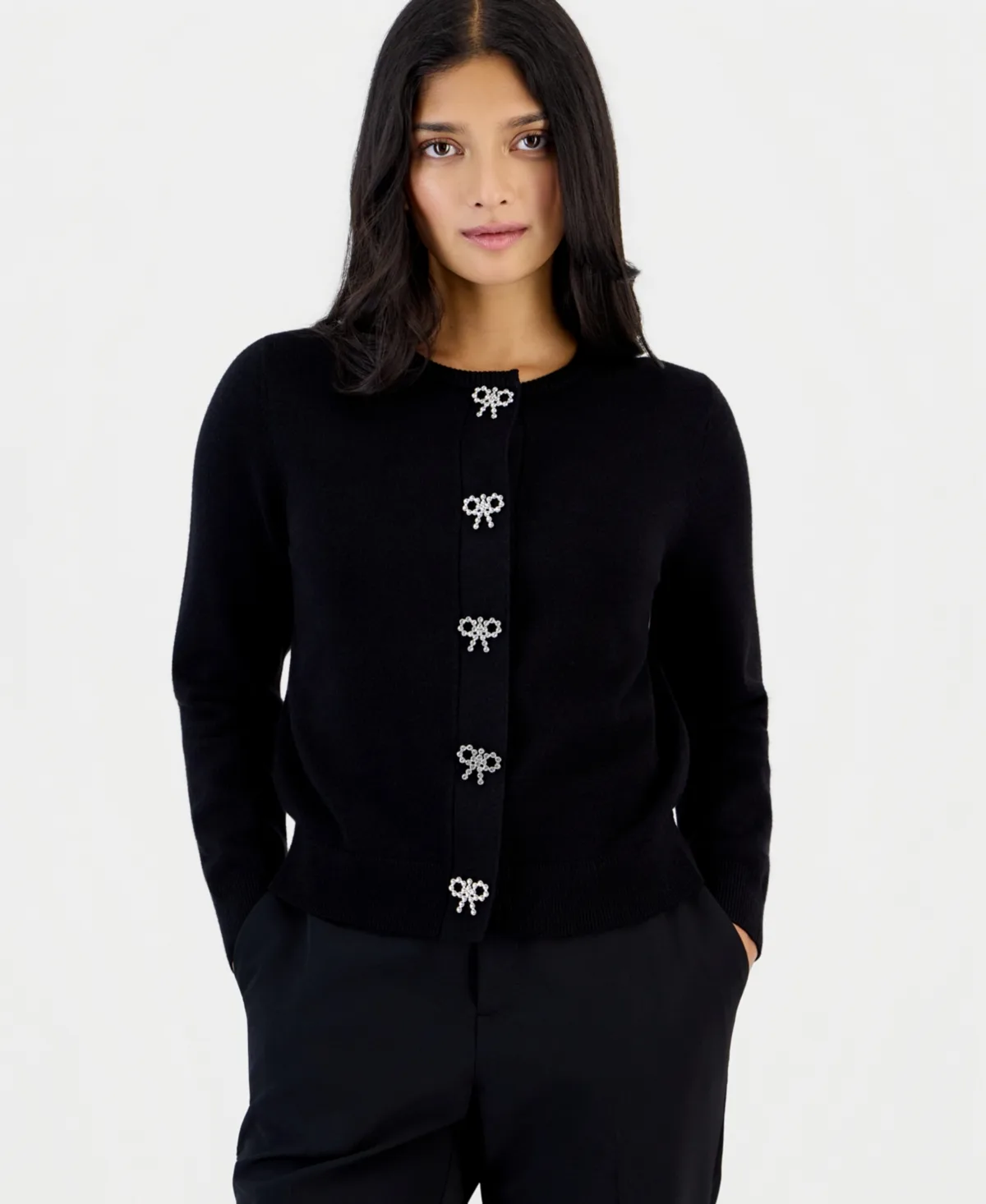 Essentials Embellished Crewneck Cardigan by Anne Klein