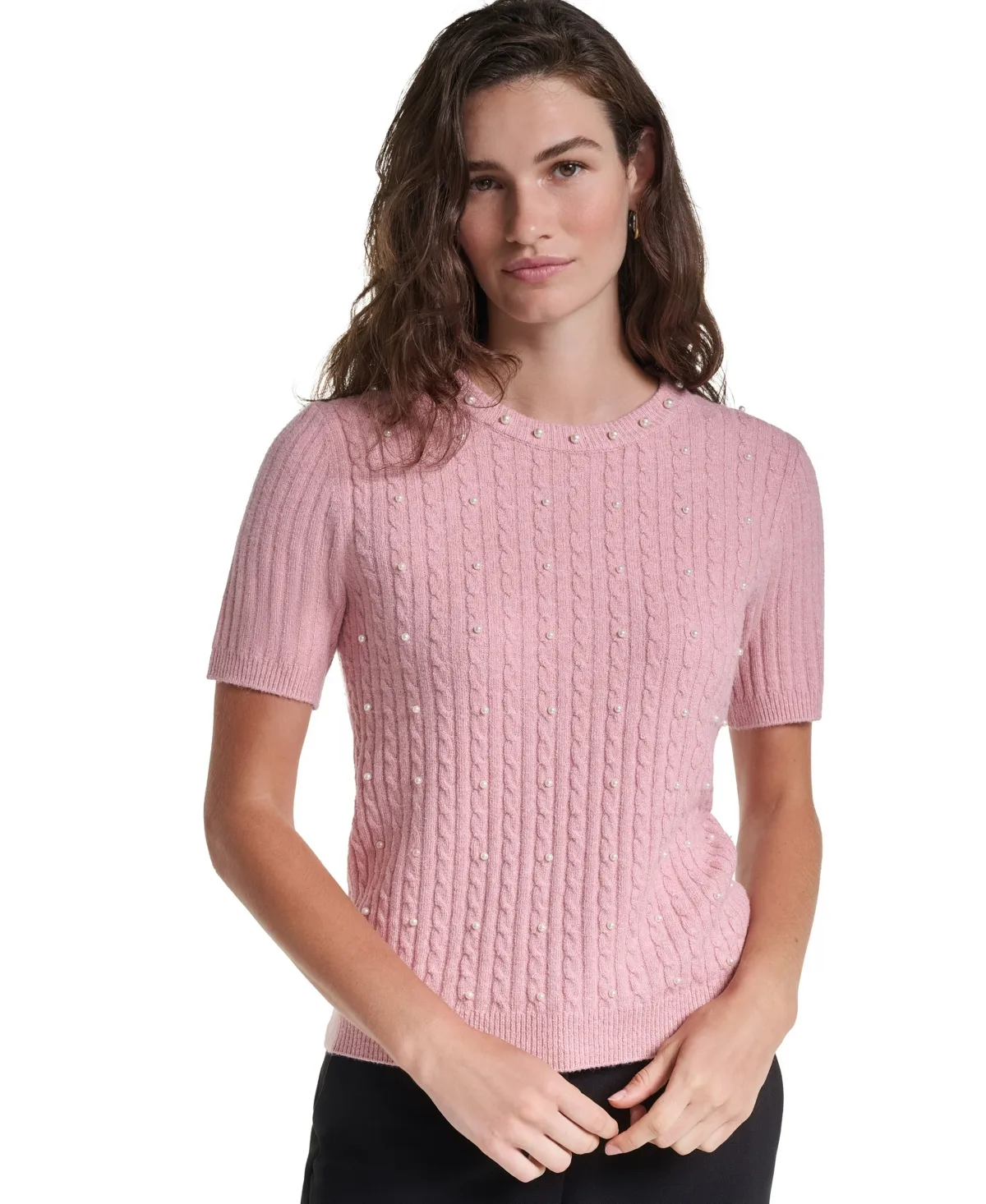 Cable-Knit Crewneck Short-Sleeve Sweater by Karl Lagerfeld