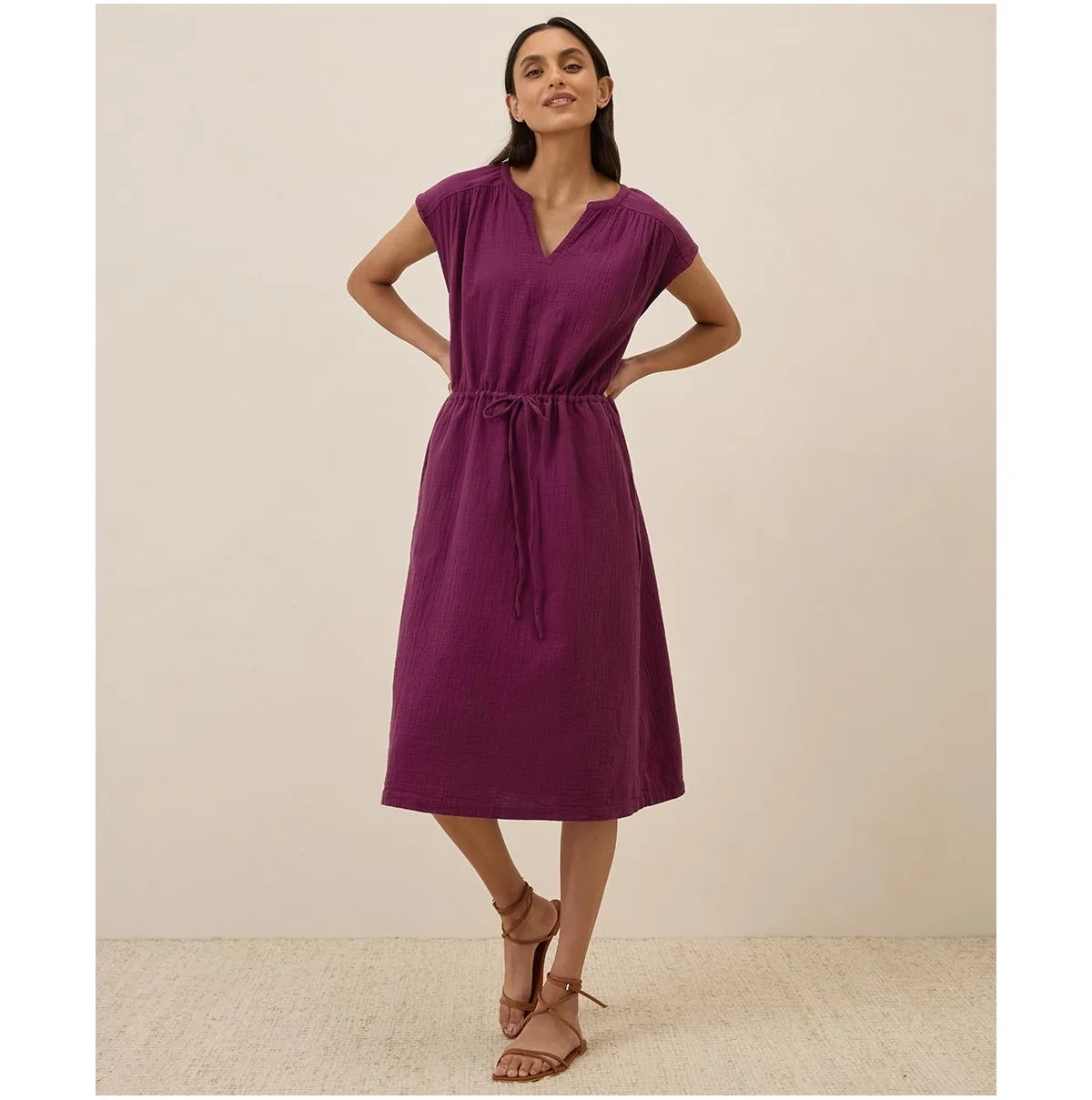 Organic Cotton Coastal Double Gauze Tie Waist Midi Dress by Pact