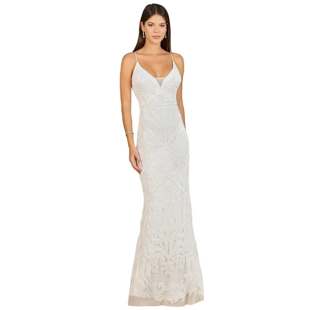 Beaded Spaghetti Strap Fitted Gown by Lara