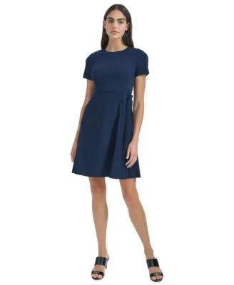Short Sleeve Crewneck Fit Flare Dress by Calvin Klein