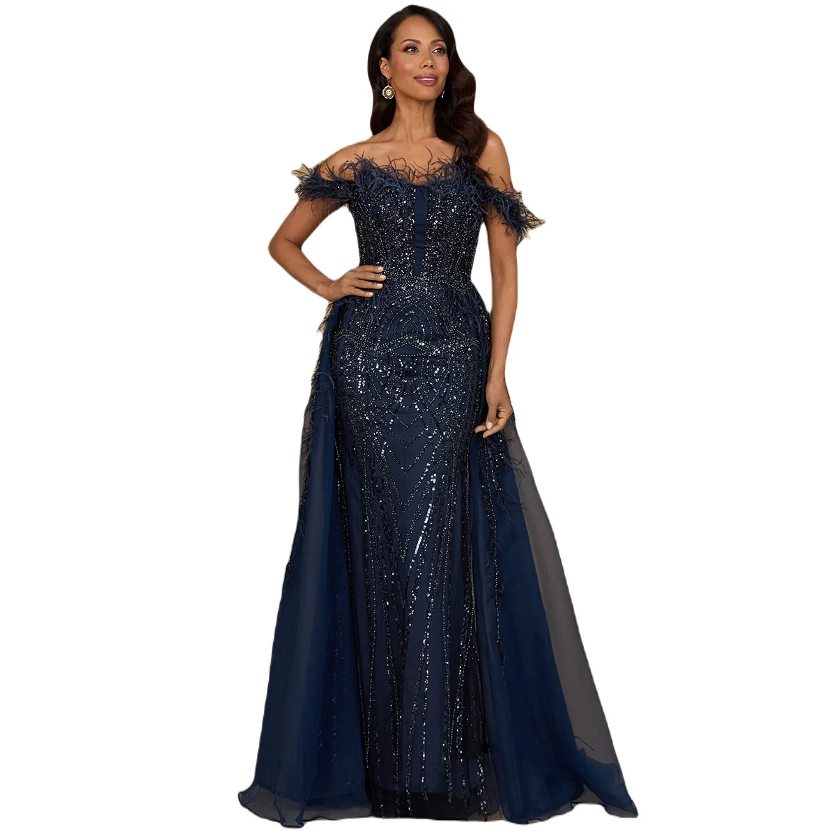 Off Shoulder Gown with Feathers