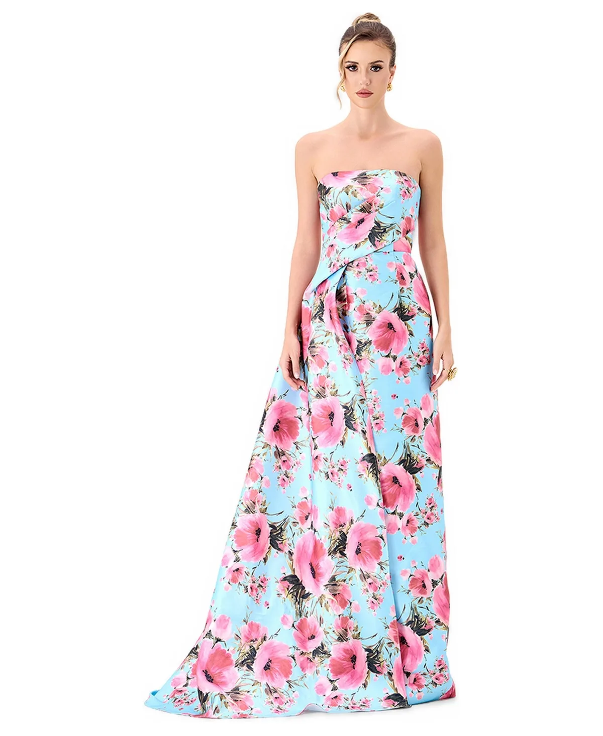 Zia Strapless Floral-Print Asymmetric-Pleated Gown