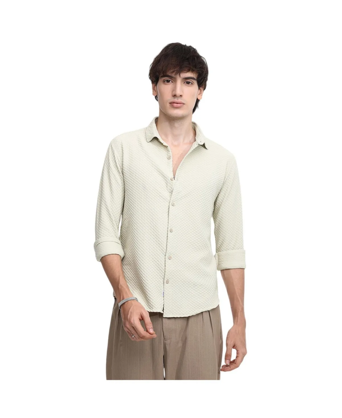 Butter Yellow Micro Cubic-Textured Shirt by Campus Sutra