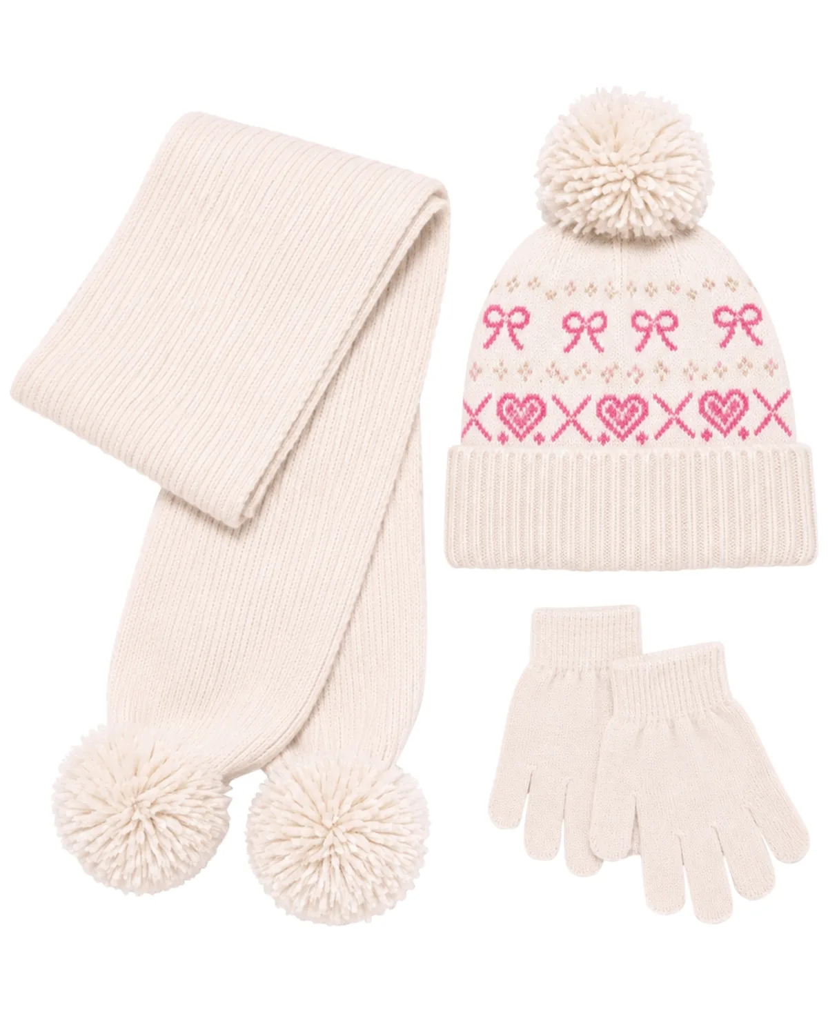 Bow and Heart Icon Pom-Pom Hat, Scarf and Gloves, 3-Piece Set by Rainbow