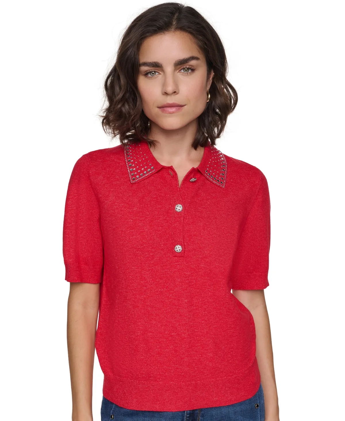 Key Item Short-Sleeve Embellished-Collar Polo Shirt by Karl Lagerfeld