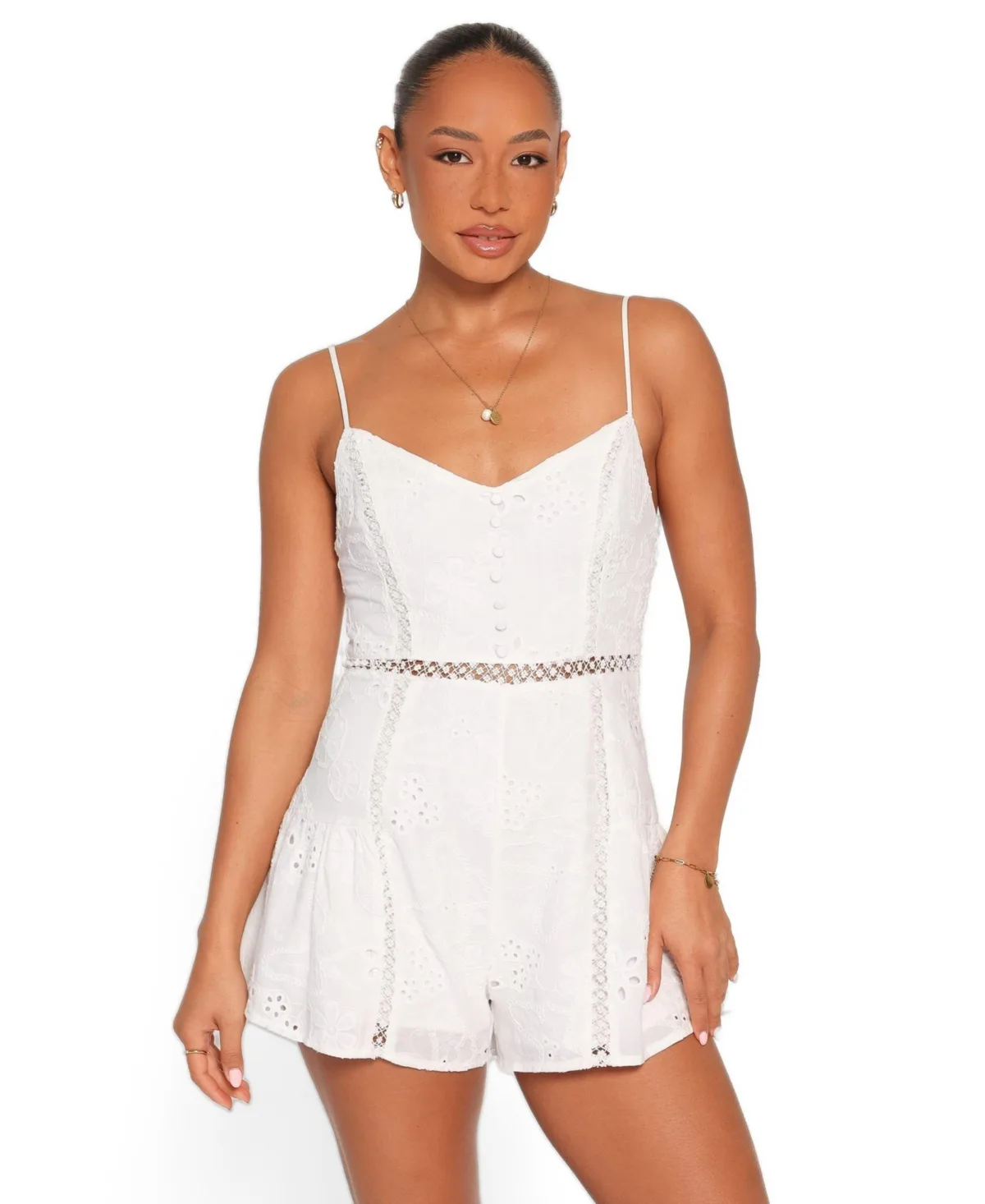 Presley Floral-Print Eyelet Sweetheart Neckline Romper by Petal and Pup