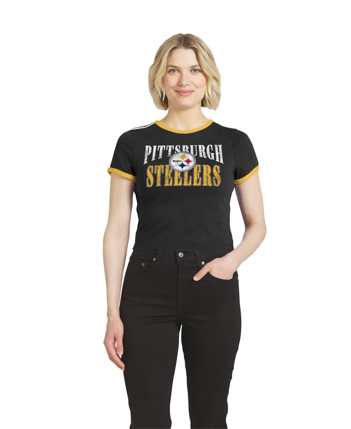 Pittsburgh Steelers Cropped Throwback Ringer T-Shirt by Wear by Erin Andrews