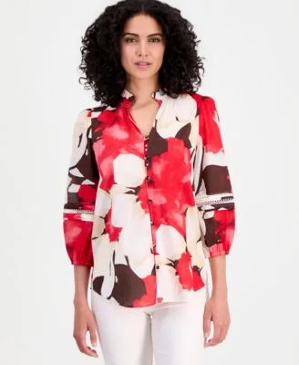 Cotton Ruffled Neck 3/4 Sleeve Blouse by Anne Klein