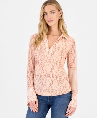 Long Sleeve Printed Mesh Collared Top by INC International Concepts