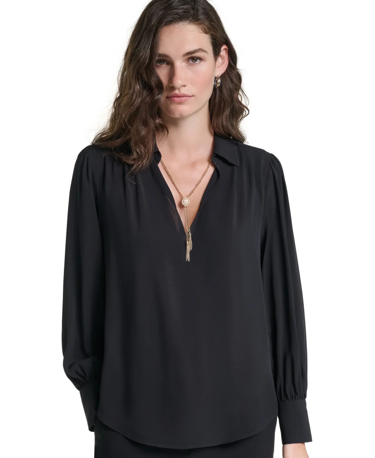 Long-Sleeve Collared Tassel-Detail Blouse