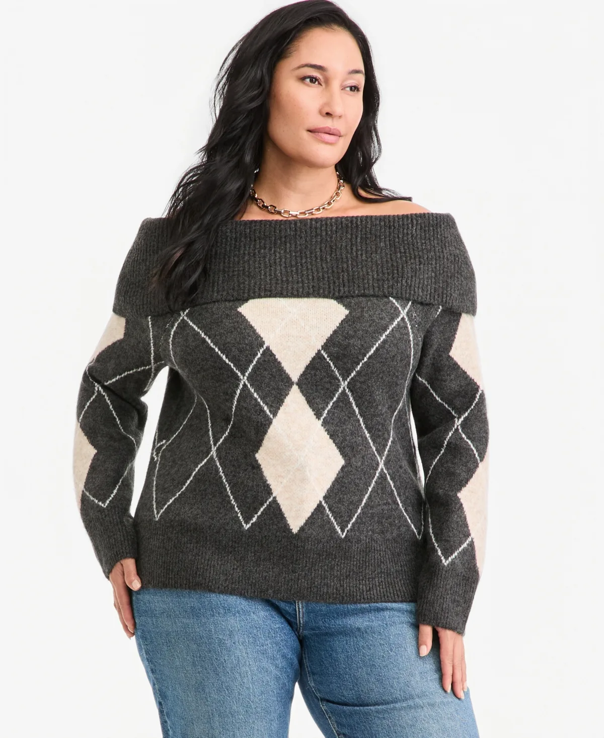 Off-the-Shoulder Argyle Sweater by On 34th