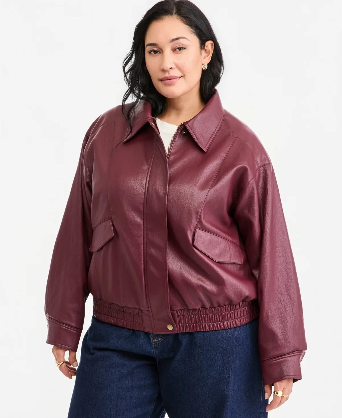 Long-Sleeve Faux Leather Bomber Jacket by On 34th