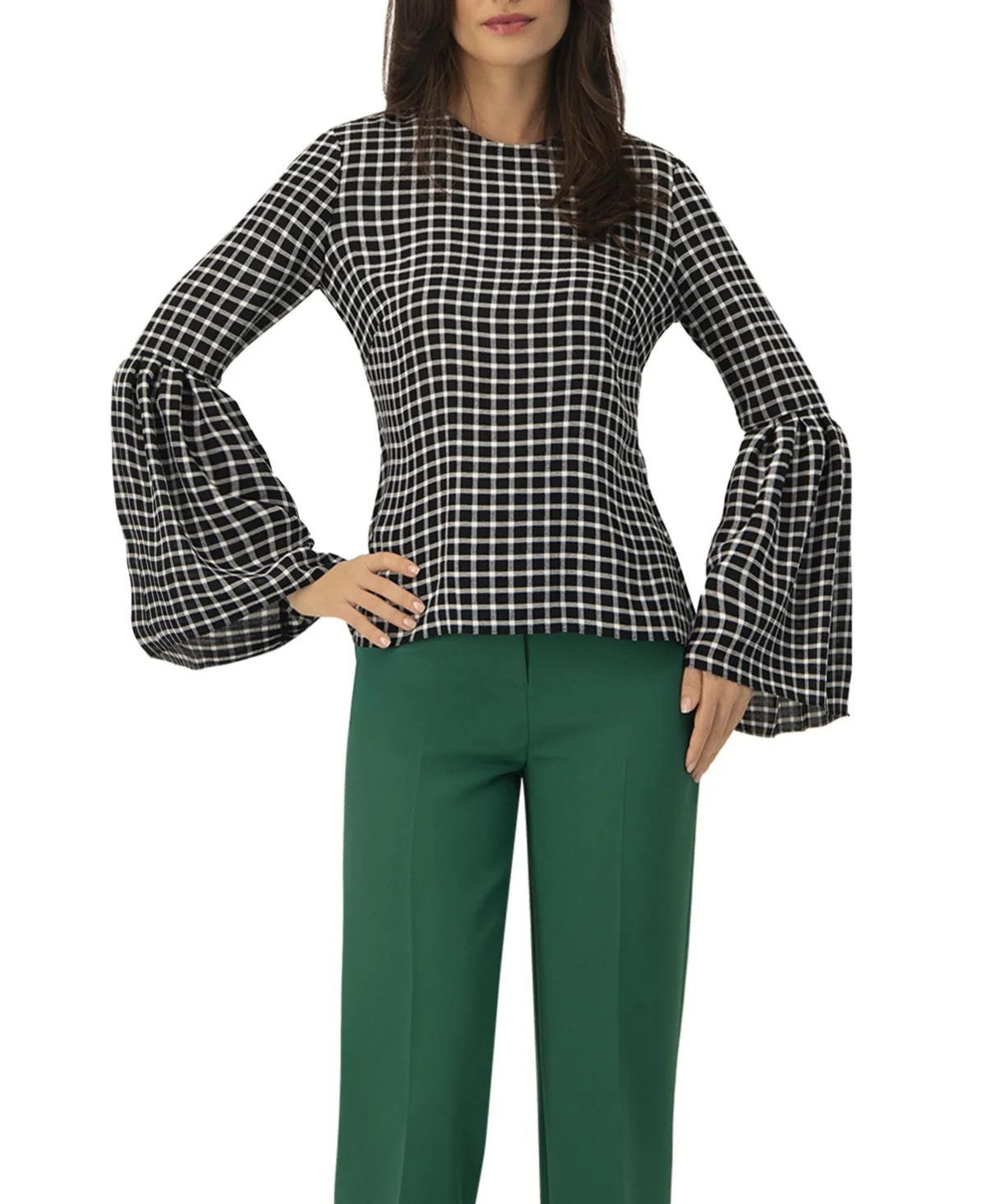 Check Blouse with Puffed Sleeves by Ivonne