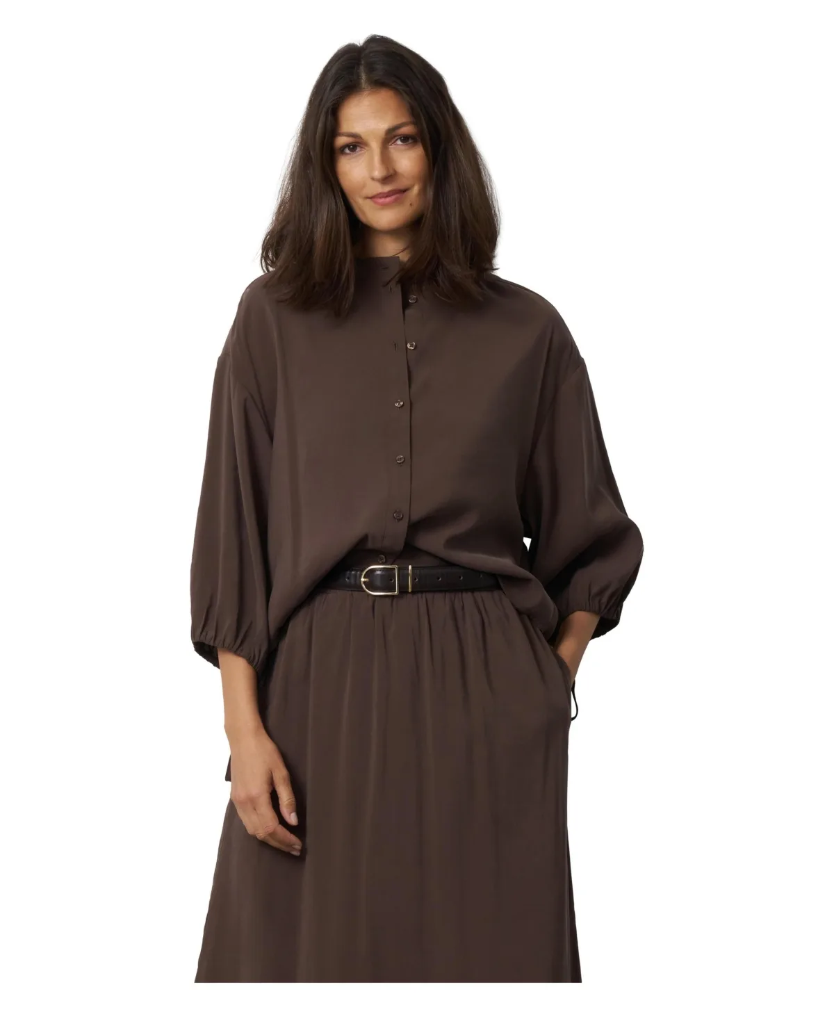 3/4 Balloon-Sleeve Band Collar Relaxed-Fit Blouse by Cable & Gauge