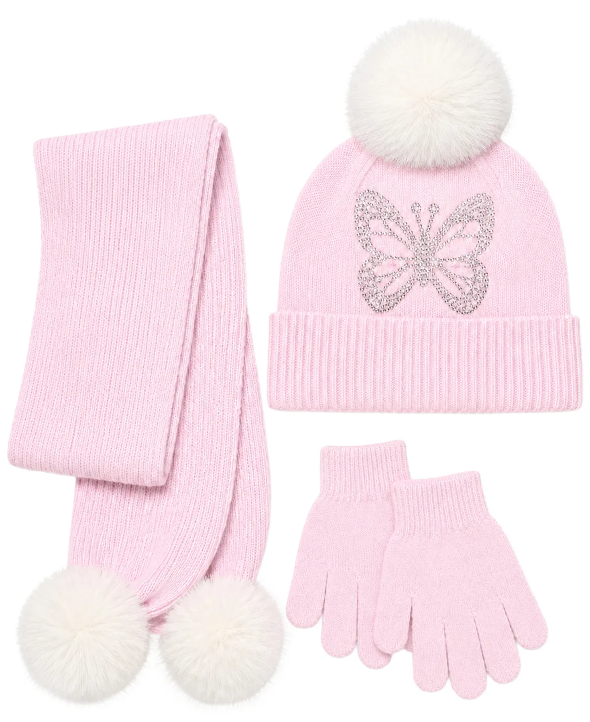 Butterfly Rhinestone Pom-Pom Hat, Scarf and Gloves, 3-Piece Set by Rainbow