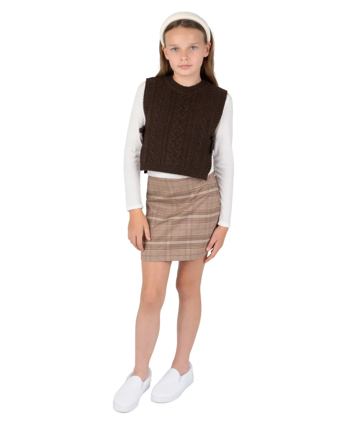 Cable Knit Sweater Vest, Long-Sleeve T-Shirt and Plaid Ponte Skort, 3-Piece Set by Stella 88