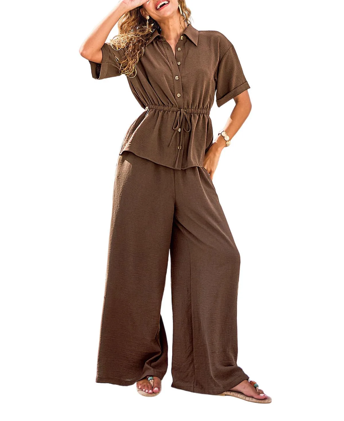 Drawstring Waist Button-Down Top and Wide Leg Pants Matching Set by Cupshe