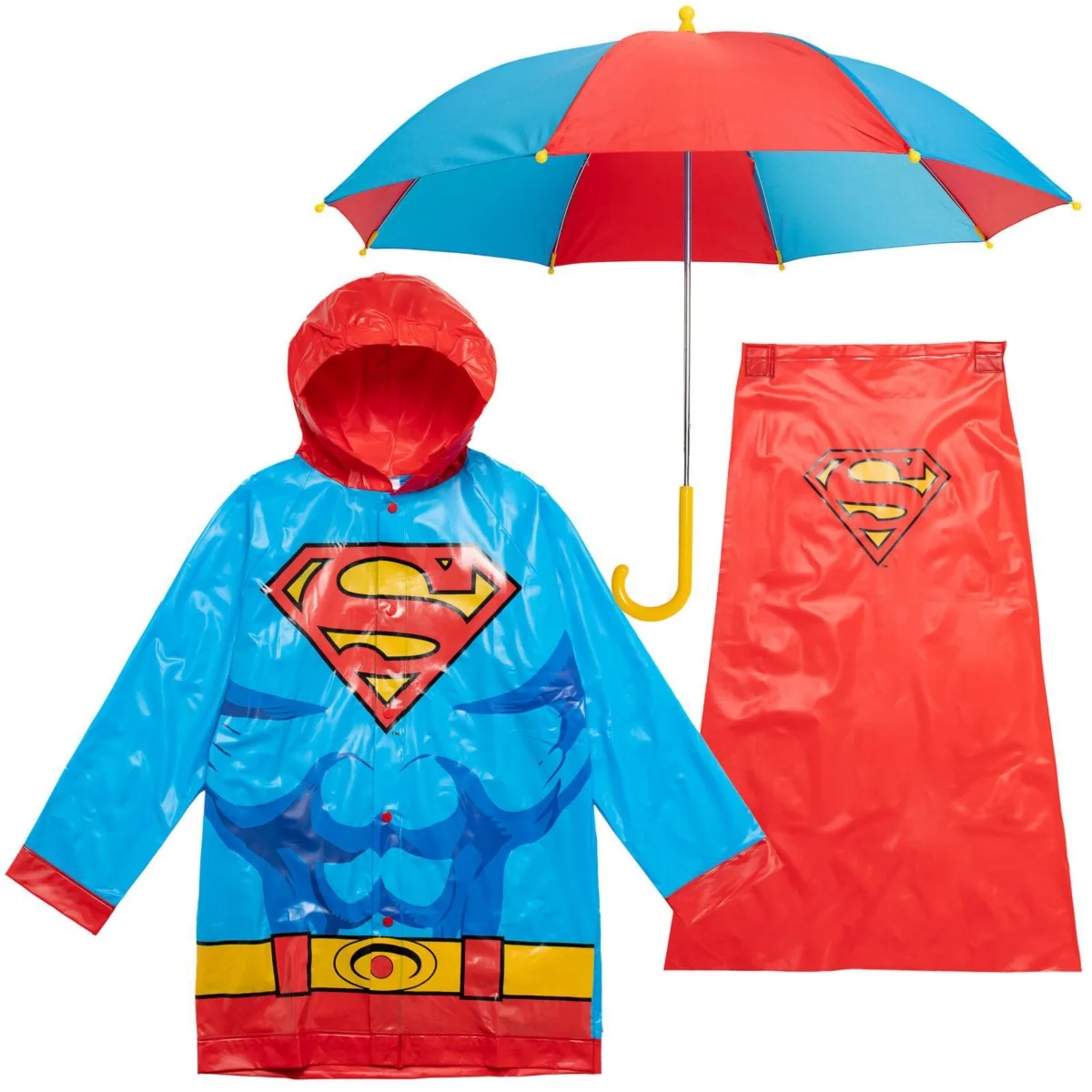DC Comics Superman Batman Waterproof Rain Jacket Cape and Umbrella 3 Piece Set by Justice League