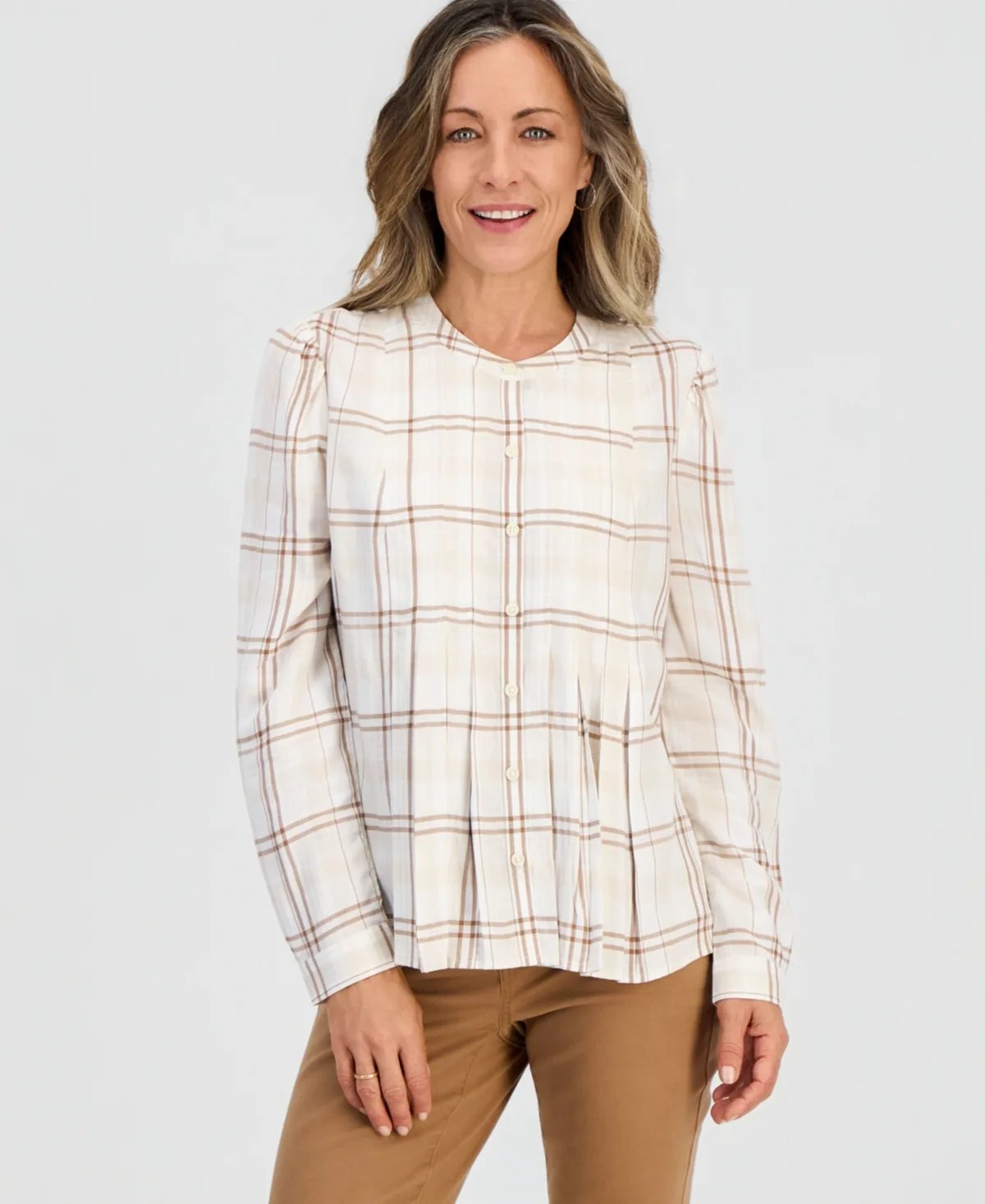 Long-Sleeve Plaid Band-Collar Button-Up Blouse by Style & Co