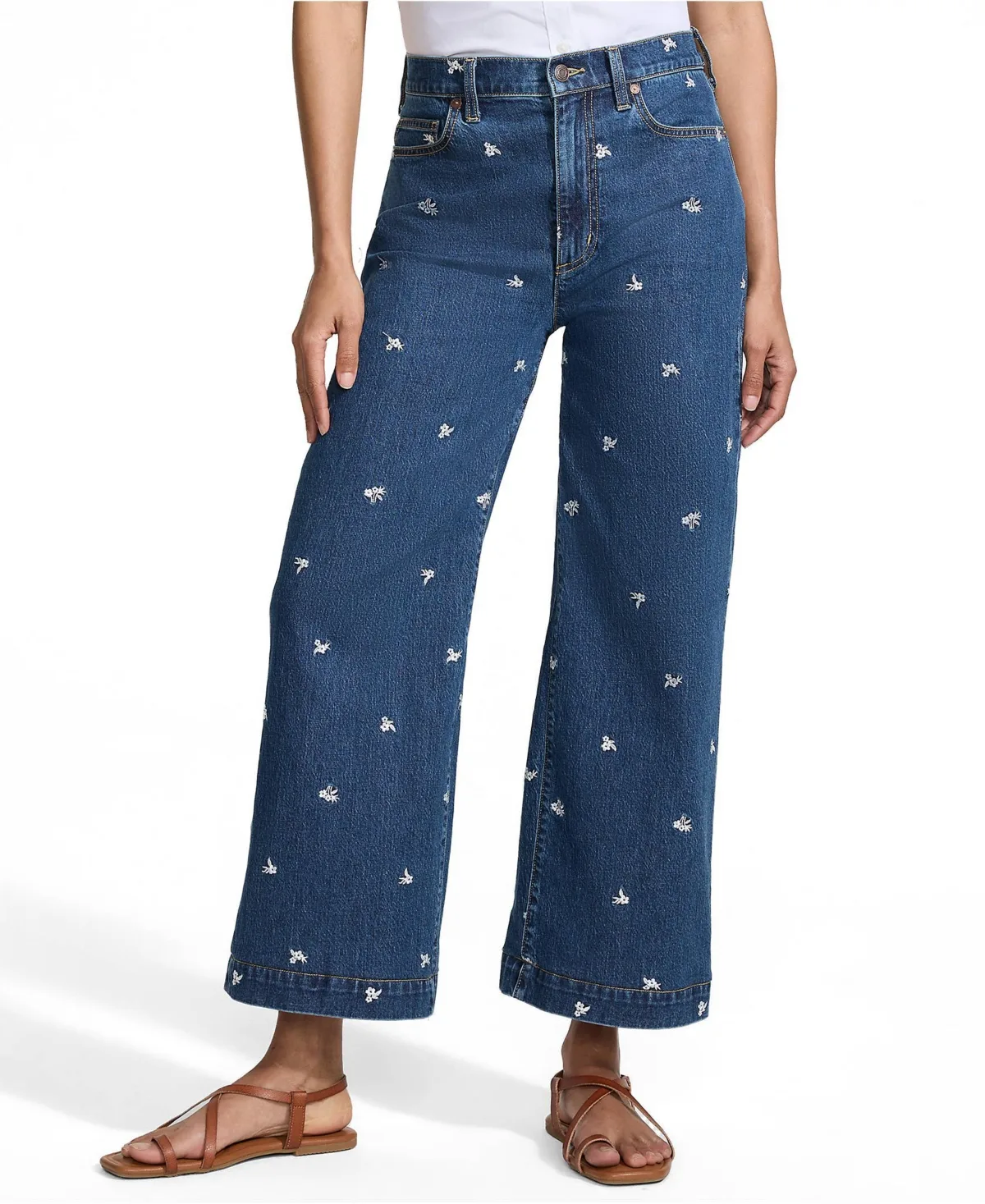 Soft Denim High Rise Embroidered Wide Leg Crop Jeans by Lands' End