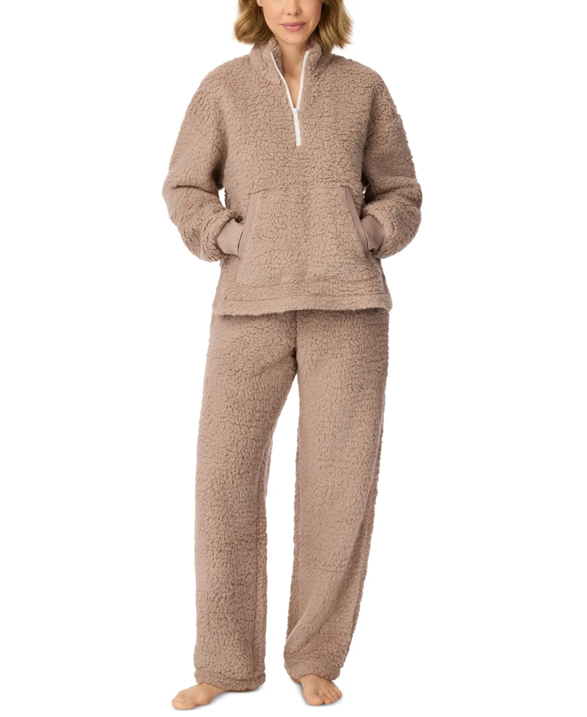 Sherpa Quarter-Zip Long-Sleeve Top and Long Pants 2-Piece Pajama Set by DKNY