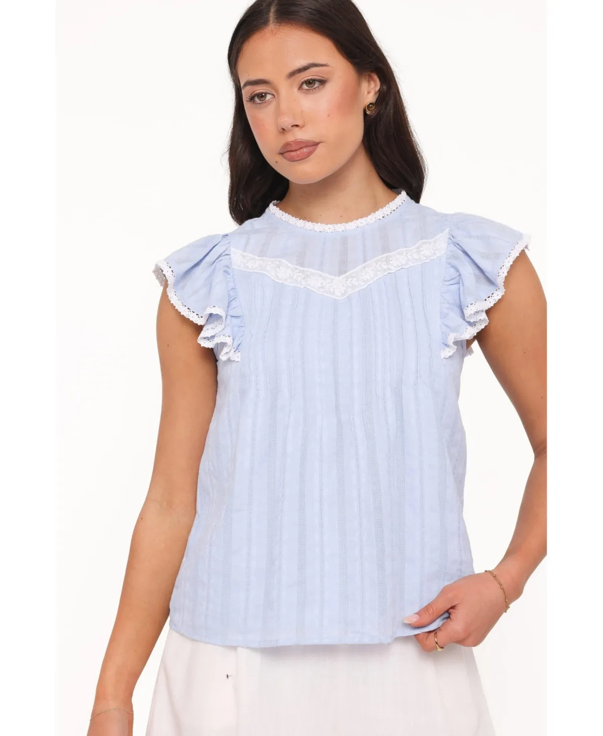Laoise High-Neckline Lace-Ruffle Top by Petal & Pup