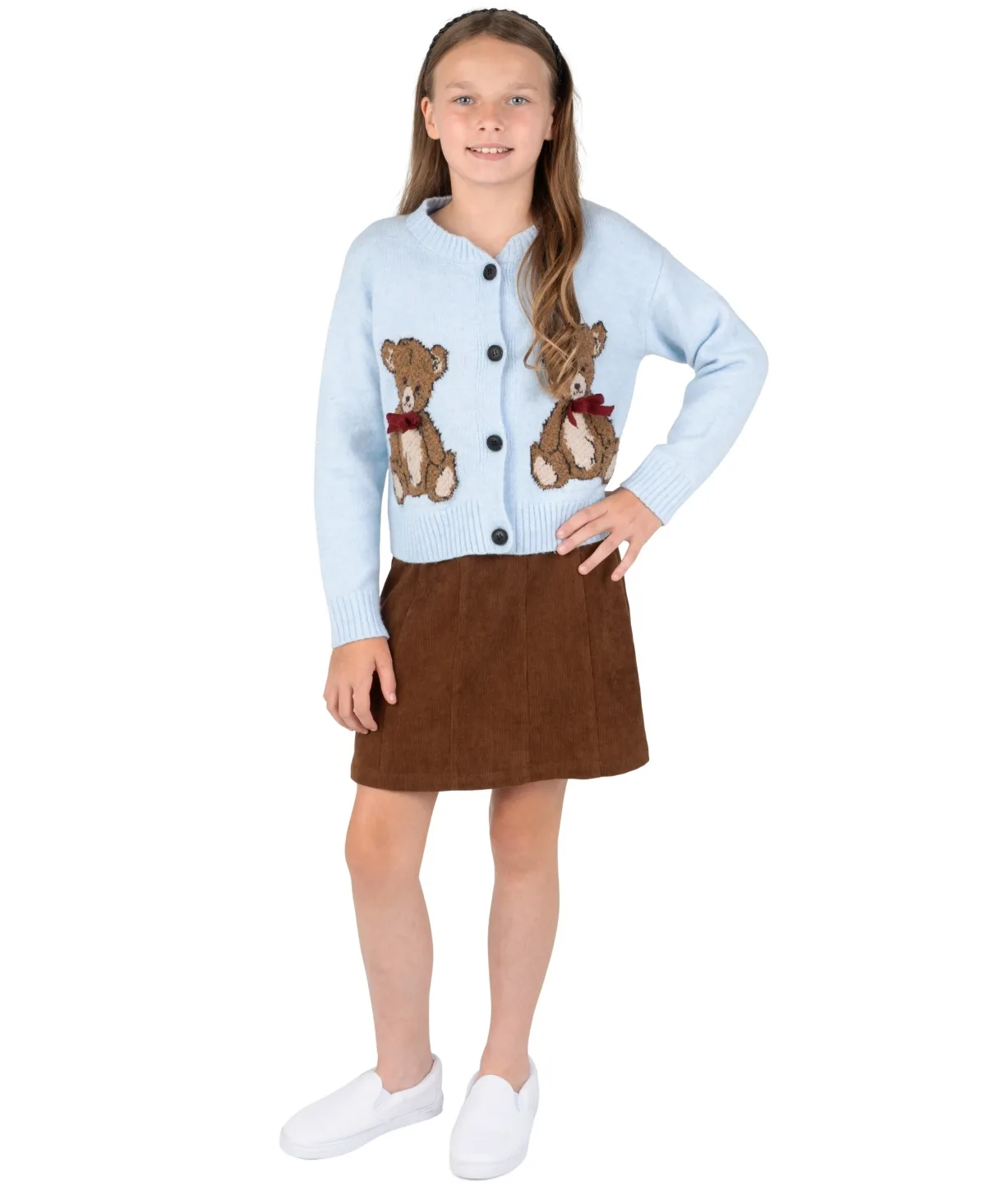 Teddy Bear Cardigan and Corduroy Jumper Dress, 2-Piece Set by Rare Editions