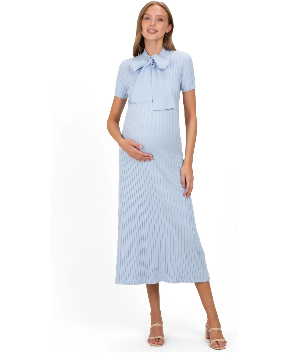Ribbed Knit Tie Neck Midi Dress by PinkBlush
