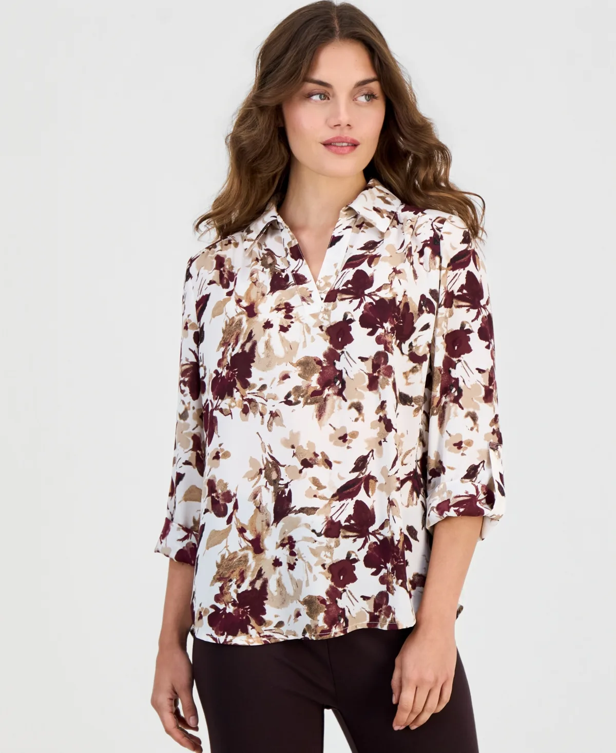 Essentials Floral-Print 3/4-Length Roll-Tab V-Neck Blouse by Anne Klein