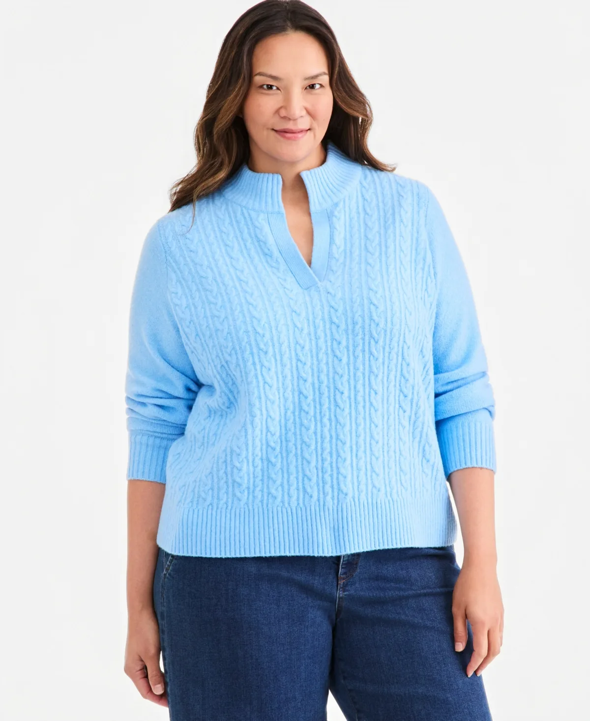 Cable Split Mockneck Long-Sleeve Sweater