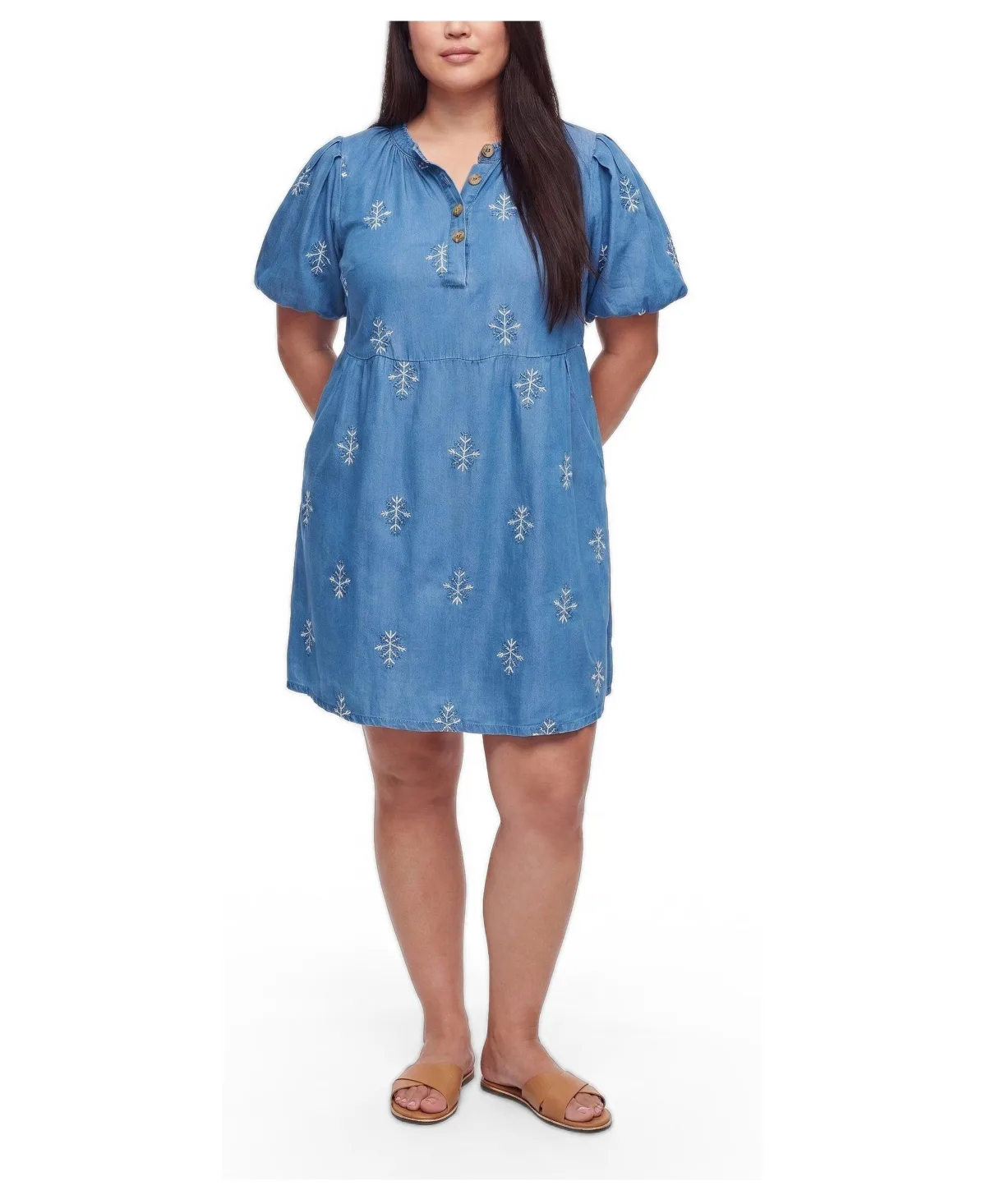 Belle Isle Puff-Sleeve Embroidered Chambray Mini Dress by Torrid