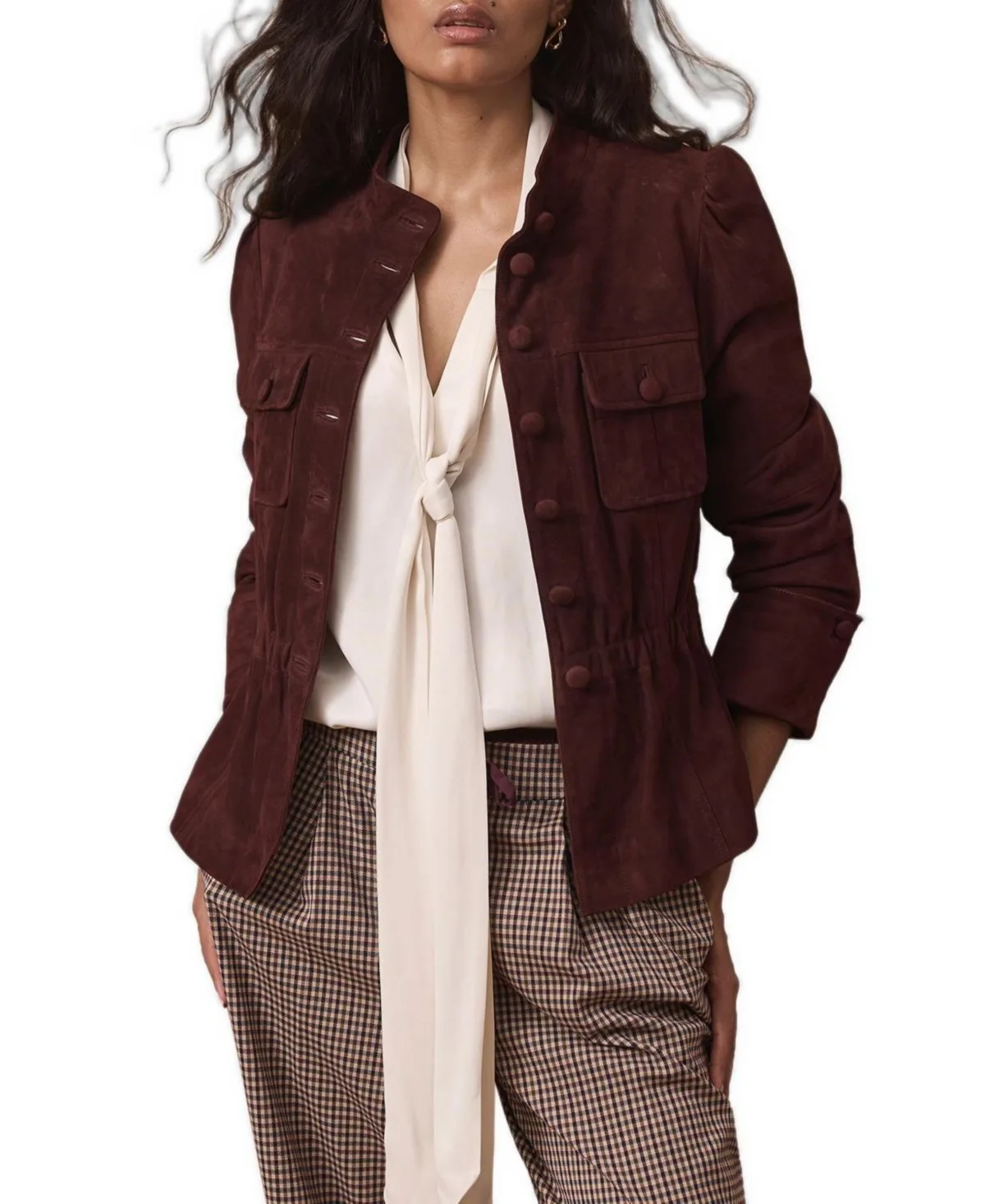 Stand-Collar Peplum Suede Jacket by Mint Velvet