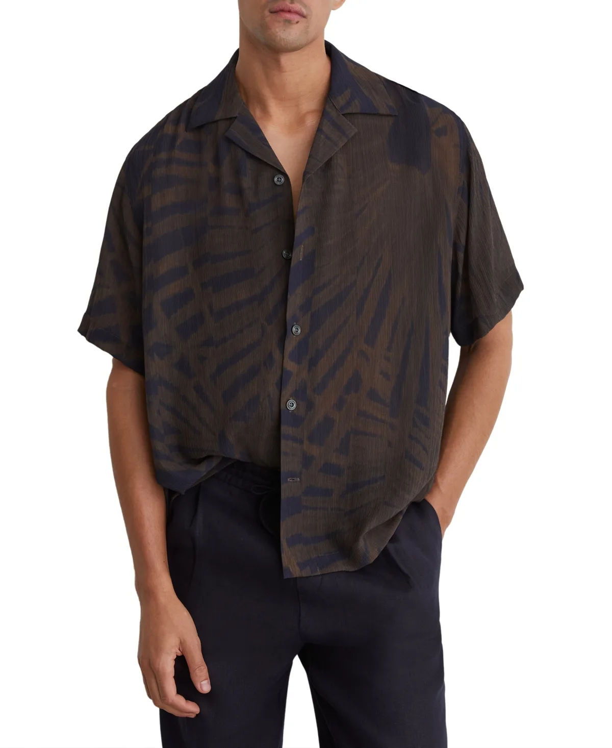 Shindora Plisse Printed Cuban-Collar Shirt by Reiss