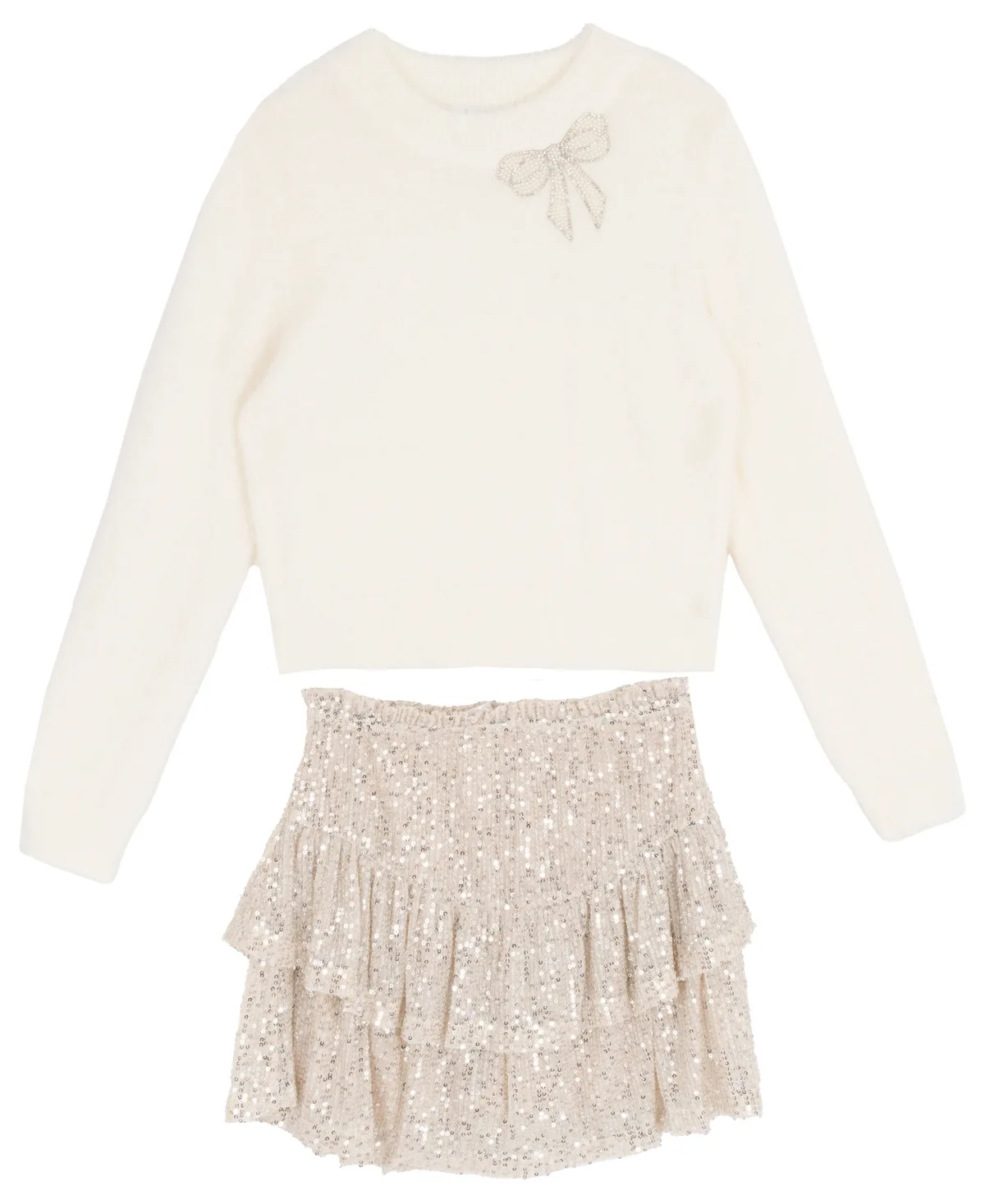 Long-Sleeve Bow-Applique Sequin Sweater and Skort, 2-Piece Set by Stella 88