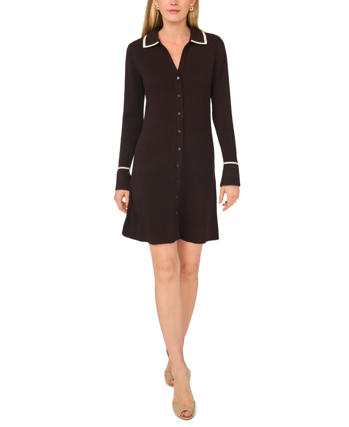 Long-Sleeve Button-Front Fit-and-Flare Sweater Dress by Msk
