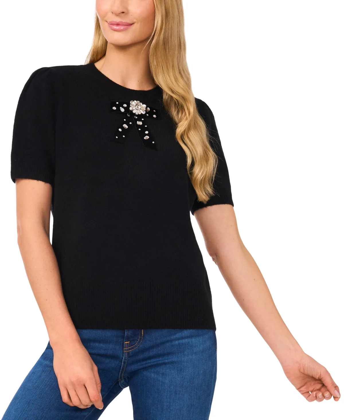 Ribbon-Trim Short-Sleeve Sweater by CeCe