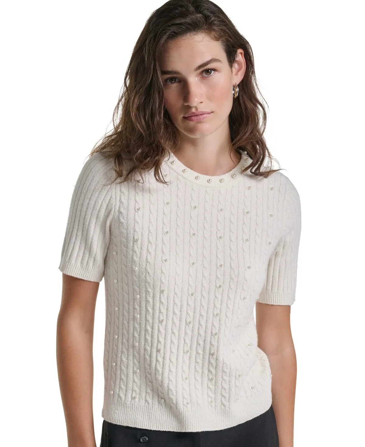 Cable-Knit Crewneck Short-Sleeve Sweater