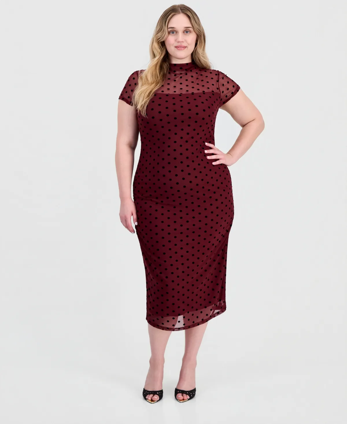 Polka-Dot Ruched Mock-Neck Short-Sleeve Midi Dress