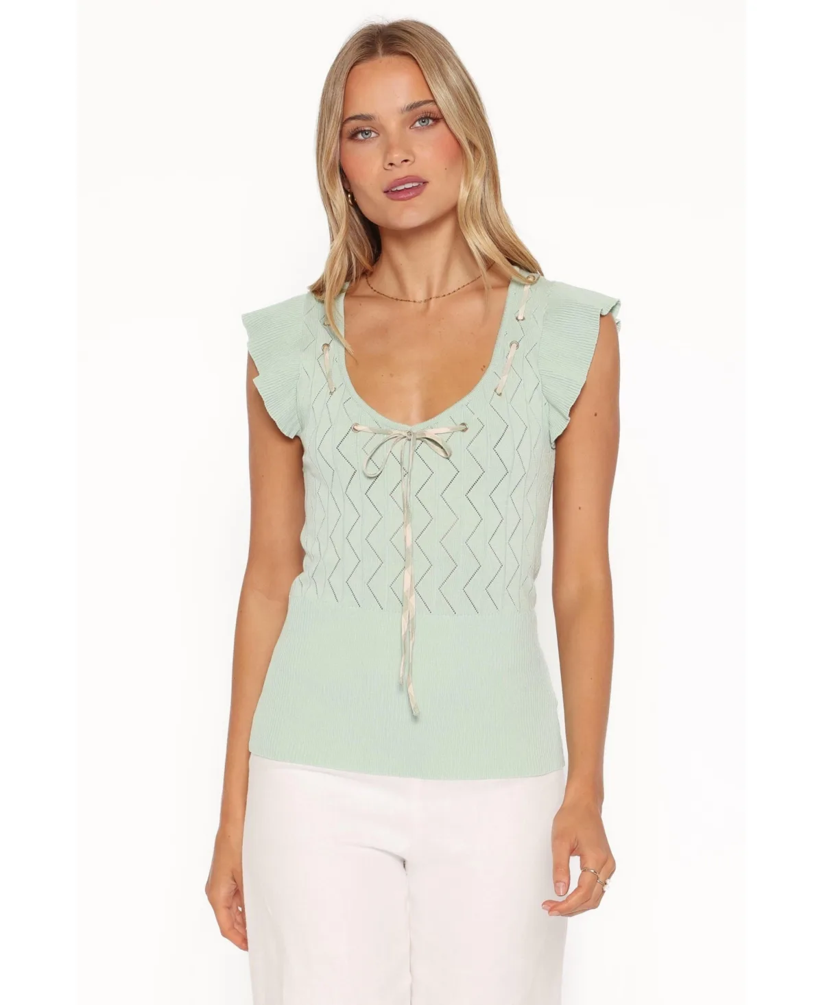 Tucker Pointelle Scoop Neck Tie-Front Sleeveless Top by Petal & Pup