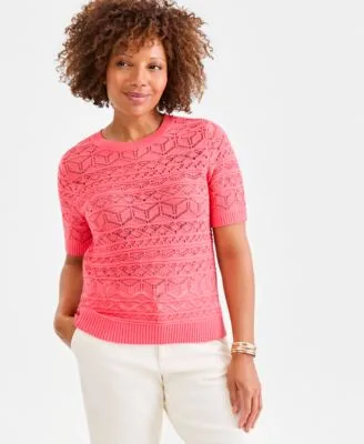 Cotton Pointelle Short Sleeve Sweater by Style & Co