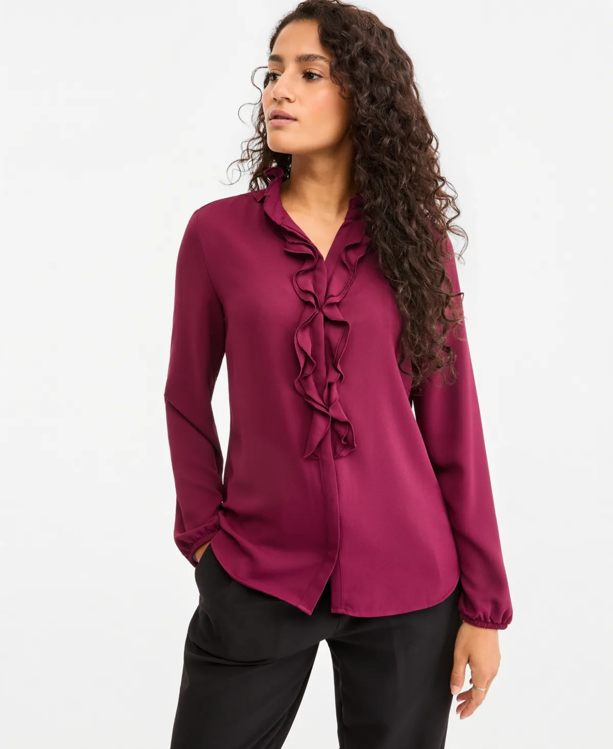 Ruffle-Front Long-Sleeve V-Neck Blouse by Bar III