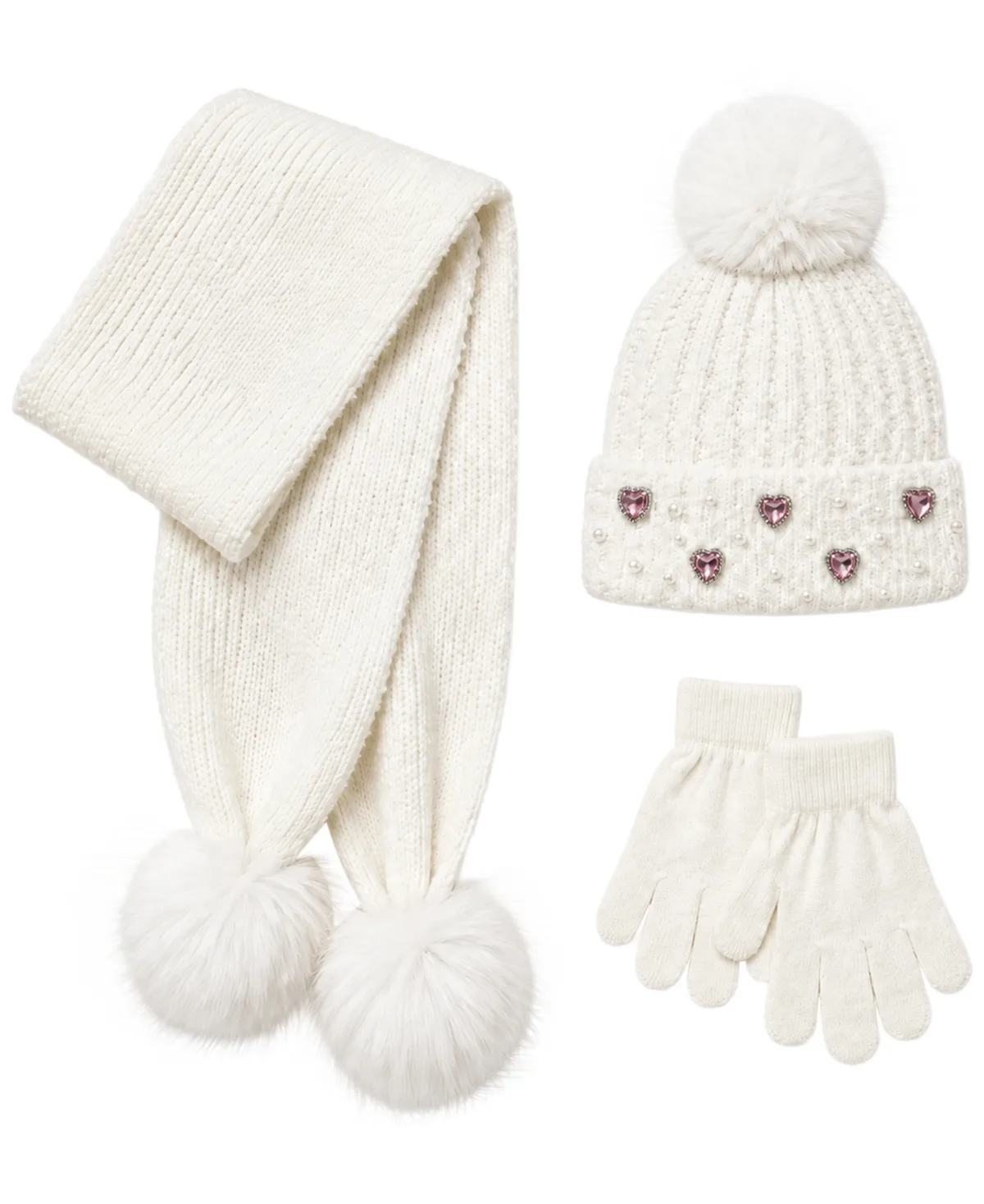 Rhinestone Pom-Pom Hat, Scarf and Gloves, 3-Piece Set by Rainbow