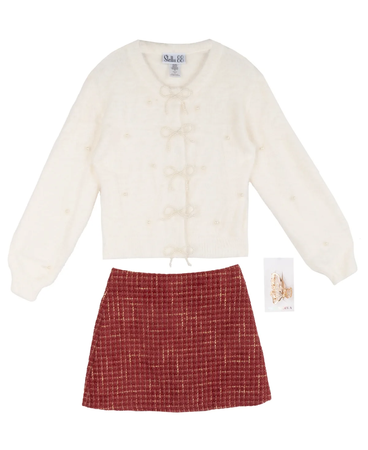 Eyelash-Knit Pearl Detail Balloon-Sleeve Cardigan and Skort, 2-Piece Set by Stella 88