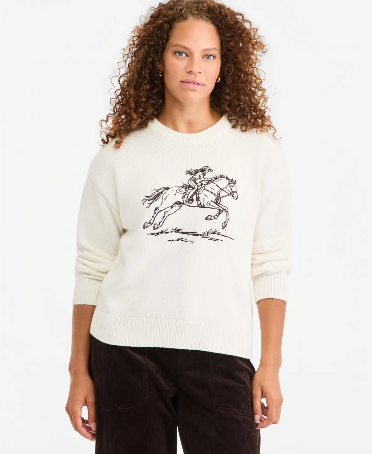 Crewneck Embroidered Horse Long-Sleeve Sweater by On 34th