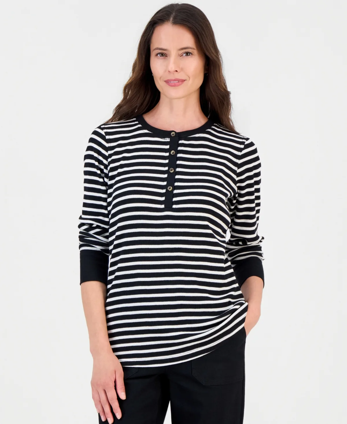 Stripe Long-Sleeve Waffle Henley Top by Style & Co