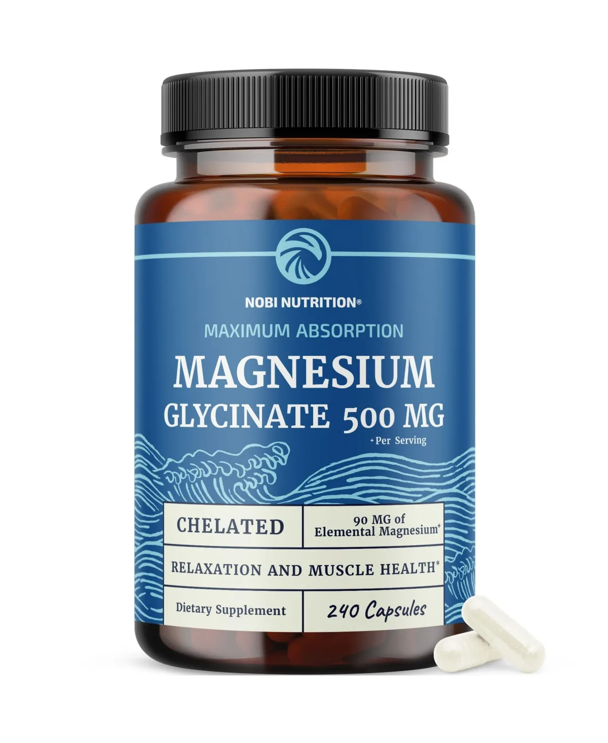 Magnesium Glycinate 500mg Chelated Magnesium Glycinate 500mg Per Serving Easy-to-Swallow Capsules 240 Count by Nobi Nutrition