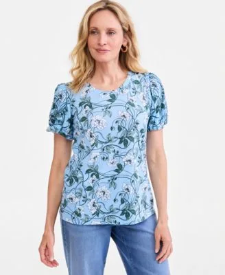 Mix Media Puff Sleeve Floral Print Cotton Modal Blend T Shirt by Style & Co