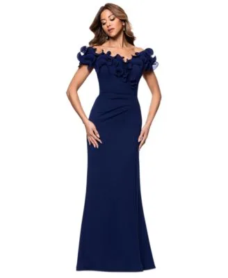 Ruffled Off the Shoulder Crepe Gown by Xscape