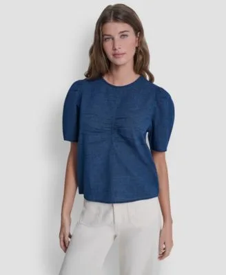 Jeans Puff Short Sleeve Crew Neck Ruched Shirt by DKNY
